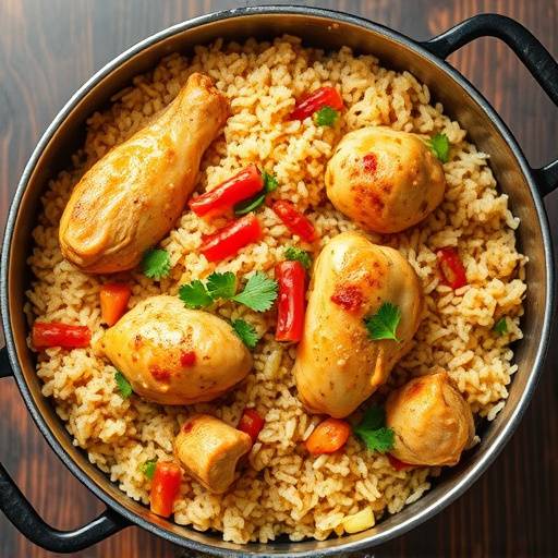 Arroz con pollo y verduras cocinado en una olla inteligente