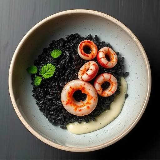Arroz negro con calamares y alioli servido en un plato hondo