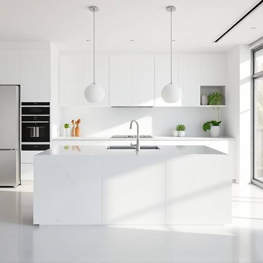 Cocina moderna con isla central y encimera de silestone blanco
