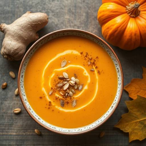 Crema de calabaza con jengibre y coco servida en un taz&oacute;n con semillas de calabaza tostadas