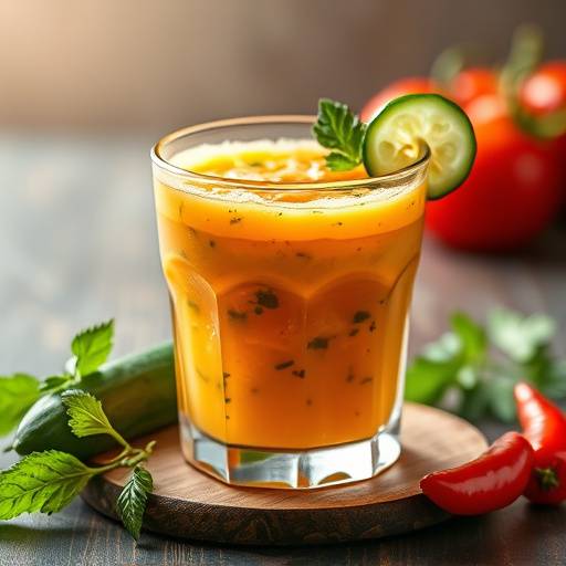 Gazpacho Andaluz refrescante servido en vaso con trozos de pepino y pimiento