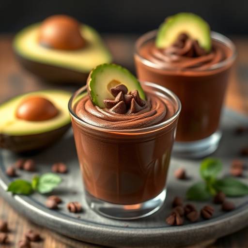 Mousse de chocolate vegano hecho con aguacate y cacao en polvo servido en copas