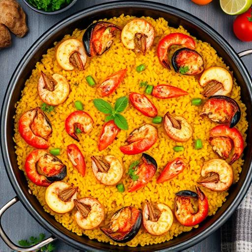 Paella Andaluza con mariscos frescos, arroz y azafr&aacute;n