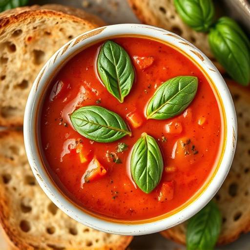Sopa de tomate y albahaca con pan tostado crujiente flotando en la superficie