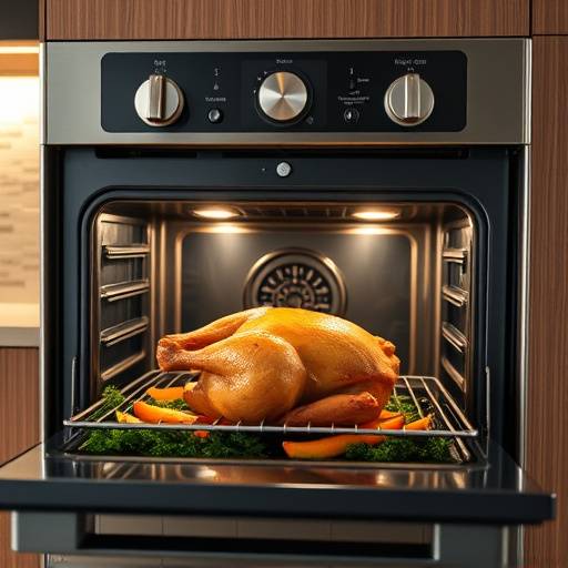 Un horno inteligente cocinando un pollo asado con verduras en una cocina de dise&ntilde;o contempor&aacute;neo