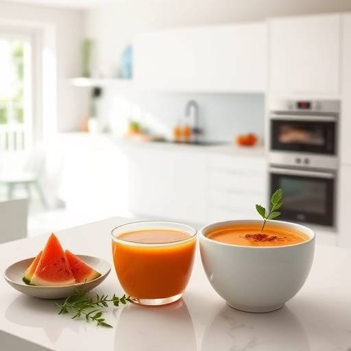 Un plato de gazpacho andaluz servido en una cocina minimalista y elegante