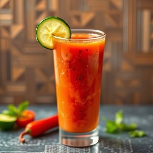 Un vaso alto de gazpacho andaluz con trozos de pepino y pimiento rojo