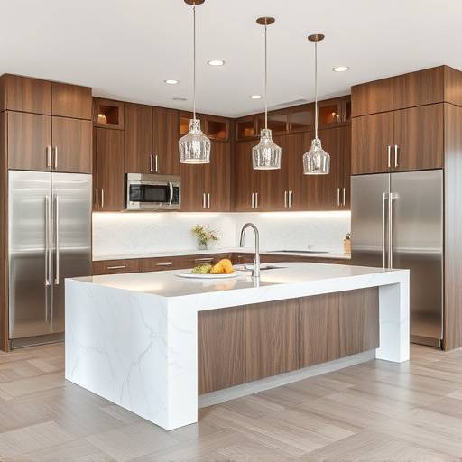 Una cocina moderna con una isla central, electrodom&eacute;sticos de acero inoxidable y encimeras de cuarzo