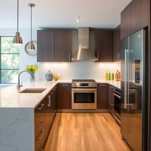 Una moderna cocina inteligente con encimeras de cuarzo y electrodom&eacute;sticos de acero inoxidable.