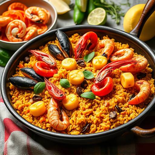 Una paella andaluza vibrante con mariscos variados y arroz dorado