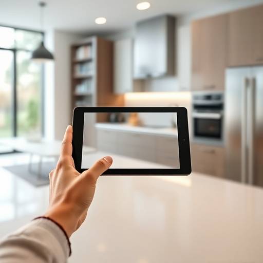 Una persona usando una tableta para controlar los electrodom&eacute;sticos de su cocina inteligente